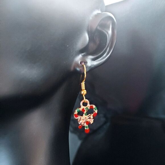 GOLD COLORFUL CHRISTMAS CANDY CANE BOW DANGLE EARRINGS - Picture 5 of 6